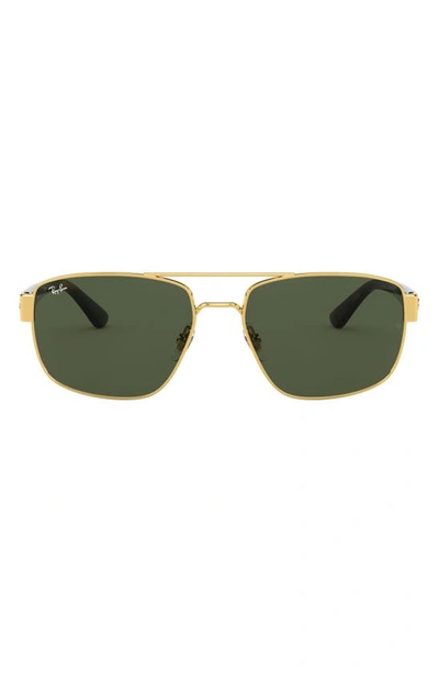 Ray Ban 60mm Navigator Sunglasses In Shiny Gold/ Green