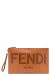 Fendi Logo Zip Leather Wristlet In Cuoio