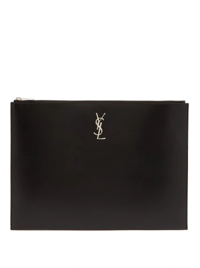 Saint Laurent Ysl Monogram Leather Pouch In Black