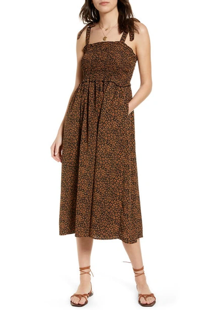 Treasure & Bond Tie Shoulder Midi Sundress In Black- Brown Leopard Print