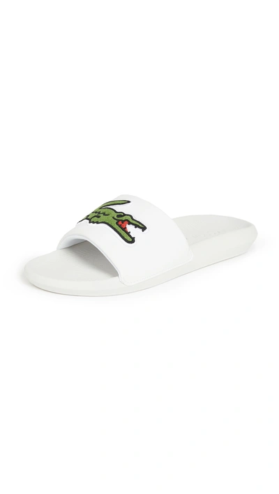 Lacoste Croco Slides With Large Logo In White In White/green