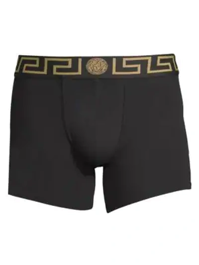 Versace Greca Waistband Swim Shorts In Black Gold Greek Key