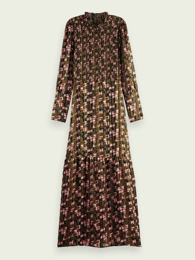 Scotch & Soda Abstract Print Long Sleeve Smocked Maxi Dress In Pink