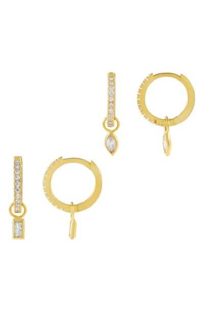 Adinas Jewels Set Of 2 Teardrop & Baguette Drop Huggie Hoop Earrings Set In Gold
