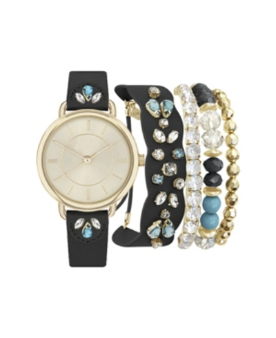 Jessica Carlyle Women's Analog Black Jeweled Strap Watch 34mm With Matching Bracelets Set