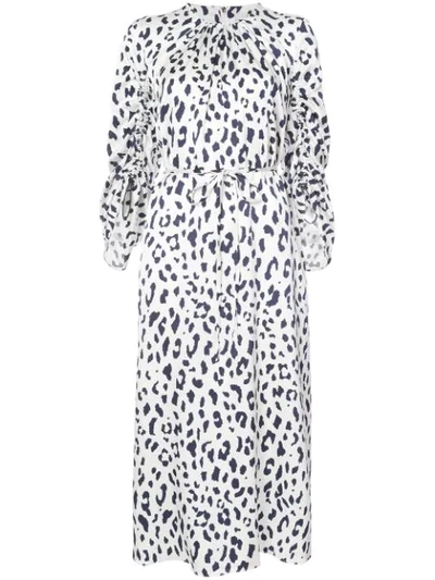 Tibi Ruched Leopard-print Silk-satin Midi Dress In Ivory/navy Multi
