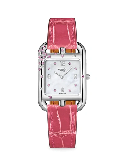 Hermes Cape Cod 31mm Stainless Steel, Pink Sapphire, Diamond & Alligator Strap Watch