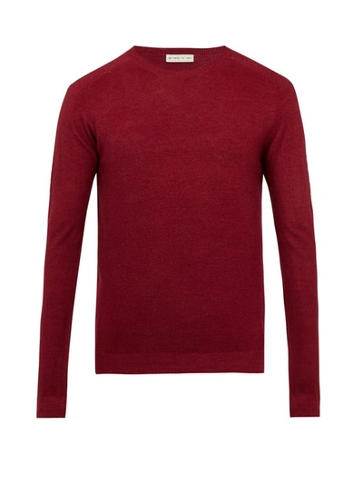 Etro Tonal Jacquard Wool-cotton Crewneck Sweater, Red In Plum