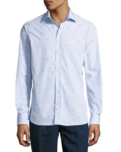 Etro Bird-embroidered Cotton Shirt, Blue