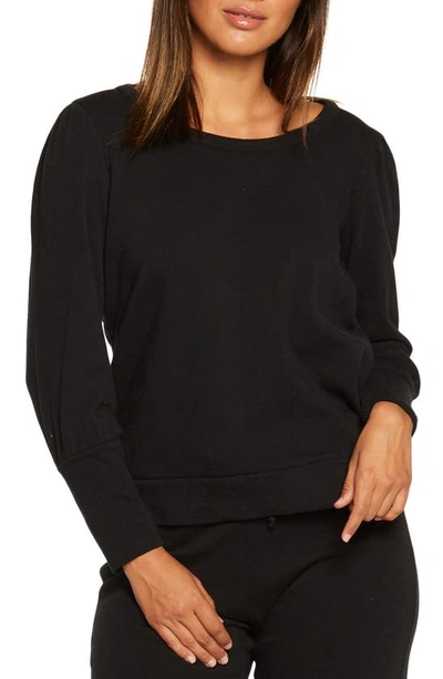 Chaser Puff Sleeve Cotton Knit Pullover Top In True Black