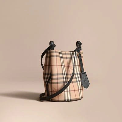 Burberry Leather And Haymarket Check Crossbody Bucket Bag In Light Elderberry
