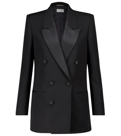 Saint Laurent Double-breasted Satin-trimmed Wool-twill Blazer In Black