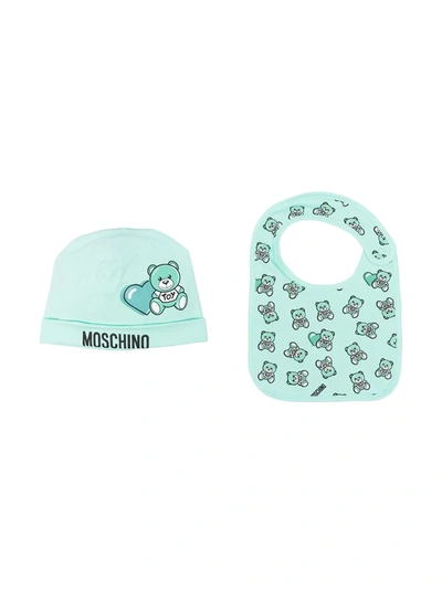 Moschino Babies' Logo Teddy Beanie Hat Bib Set In Green