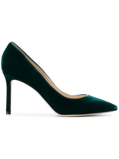 Jimmy Choo Romy 100 Bottle Green Velvet Pointy Toe Pumps