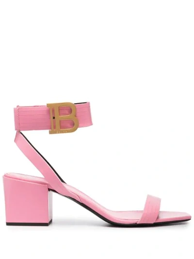 Balmain Logo-plaque Block-heel Sandals In Pink