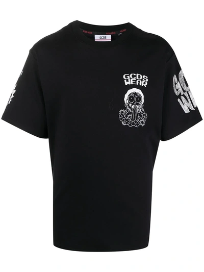Gcds Logo And Print Cotton T-shirt In Black