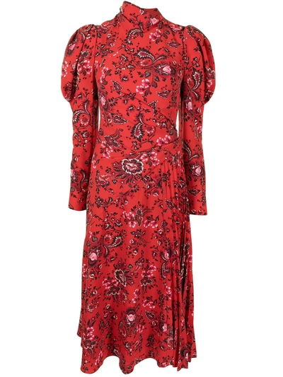 Erdem Puff Shoulder Long Sleeve Midi Dress In Red