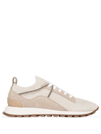 Brunello Cucinelli Bead-embellished Stretch-knit And Suede Sneakers In Brown