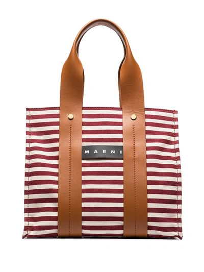 Marni Burton Small Striped Canvas Tote Bag In Red | ModeSens