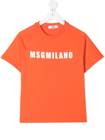 Msgm Kids' Short-sleeve Cotton Logo T-shirt In Orange