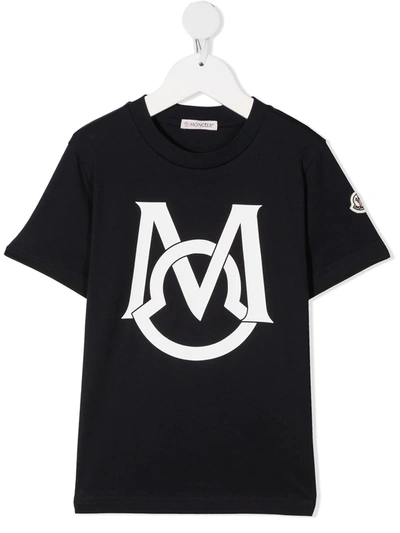 Moncler Kids' Short Sleeve Crew Neck T-shirt With Logo On The Chest In Blue