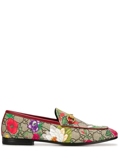 Gucci Gg Supreme Loafers With Flora Print In Beige