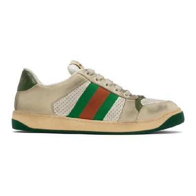 Gucci Virtus Distressed Leather And Webbing Sneakers In Grey