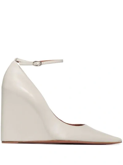 Amina Muaddi White Pernille 95 Leather Wedge Pumps