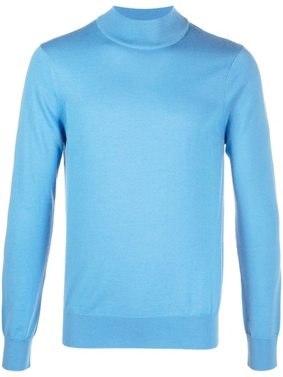 Sandro Mock Neck Ribbed-knit Wool Sweater In Blue