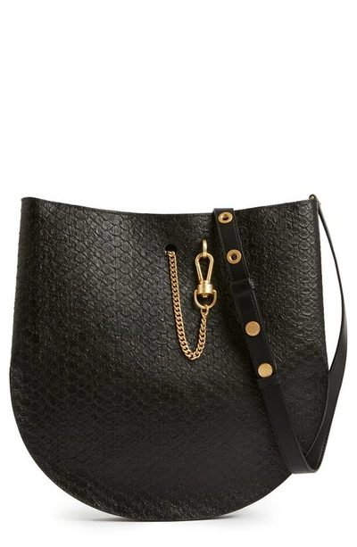 Allsaints Beaumont Snake Embossed Leather Hobo Bag In Black Python/gold