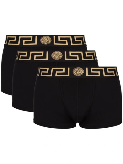 Versace Set Of 3 La Greca Cotton-blend Boxer Briefs In Black