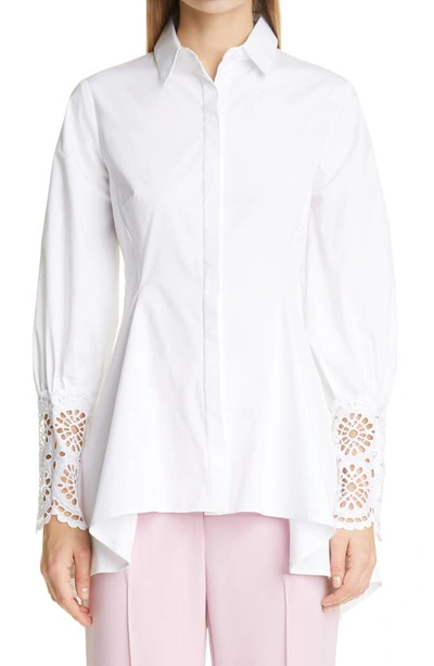 Lela Rose Long-sleeve Flare-hem Poplin Top In White