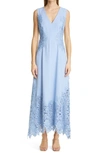 Lela Rose V-neck Crepe Midi Dress W/ Lace Detail In Sky