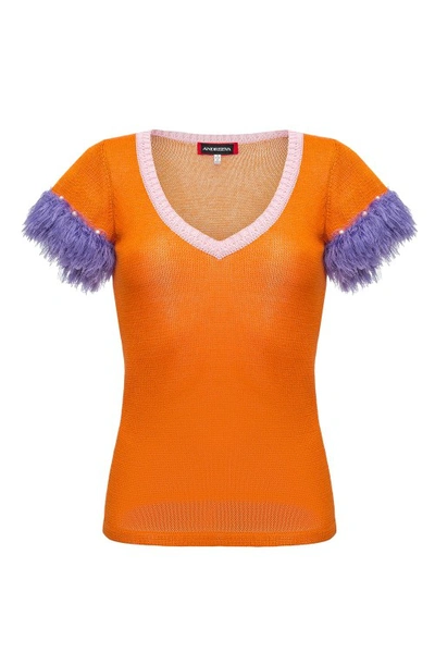 Andreeva Golden Poppy Knit Top With Handmade Knit Details And Pearls In Yellow/orange