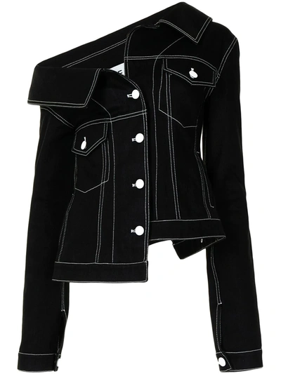 Monse Contrast Seam Asymmetric Off-shoulder Denim Jacket In Black