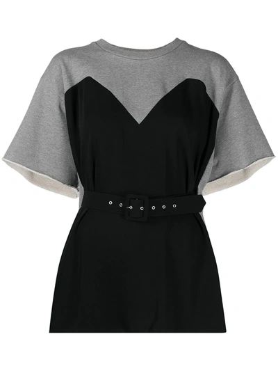 Mm6 Maison Margiela Trompe-l'ail Belted Jersey And Mélange French Cotton-terry Top In Grey Black