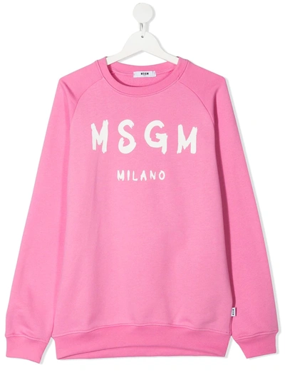 Msgm Teen Paint Brushed Logo-print Cotton Sweatshirt In Pink