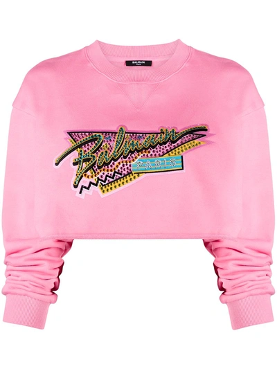 Balmain Logo-embroidered Cropped Sweatshirt In Pink