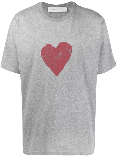 Golden Goose Cotton T-shirt With Logo And Heart Print In Grey