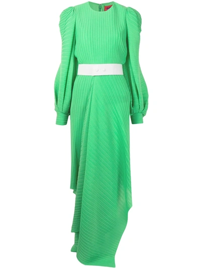 Solace London Tilde Belted Asymmetric Plissé-chiffon Dress In Green
