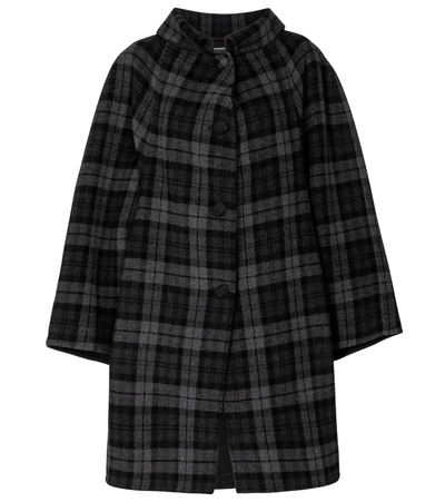 Balenciaga Raglan-sleeve Check Wool-blend Coat In Black