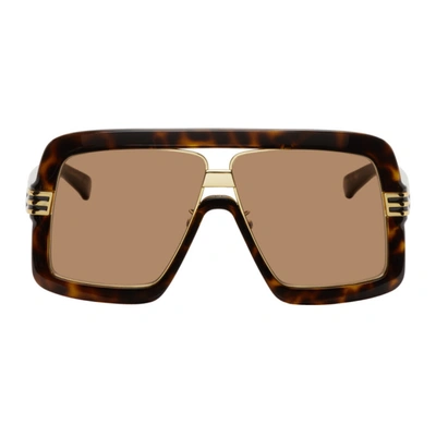 Gucci Tortoiseshell & Gold Shield Sunglasses In Brown