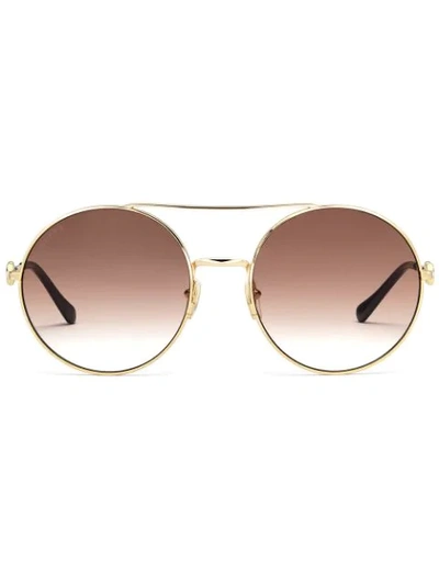 Gucci Horsebit Detail Round-frame Sunglasses In Gold Metal And Brown