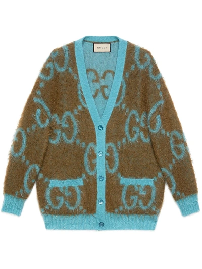 Gucci Reversible Brown & Blue Mohair Oversized Gg Cardigan