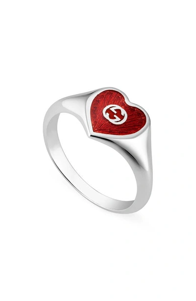 Gucci Sterling Silver Interlocking G Heart Enamel Ring In Red   / Silver