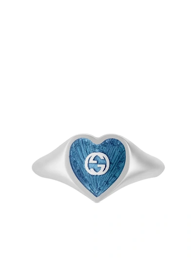 Gucci Sterling Silver Interlocking G Heart Enamel Ring In Silver & Blue