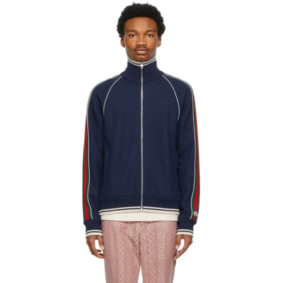 Gucci Navy Cashmere Zip Up Jacket In Blue