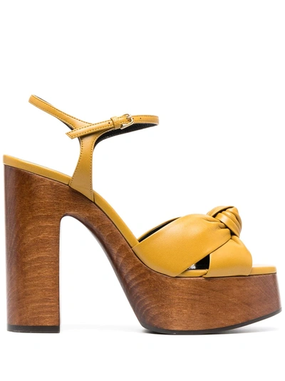Saint Laurent Bianca Knotted Leather And Wood Platform Sandals In Brown