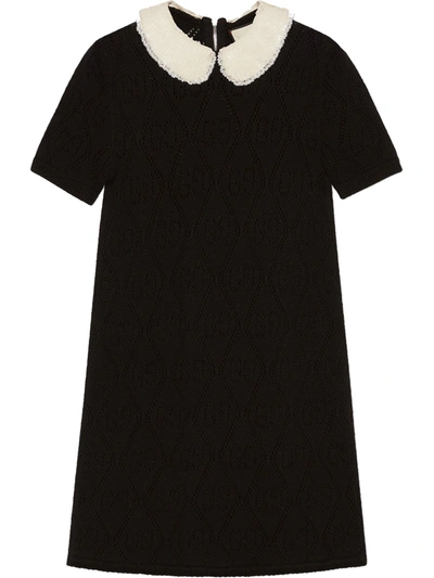 Gucci Contrast Collar Gg Embroidery Dress In Black