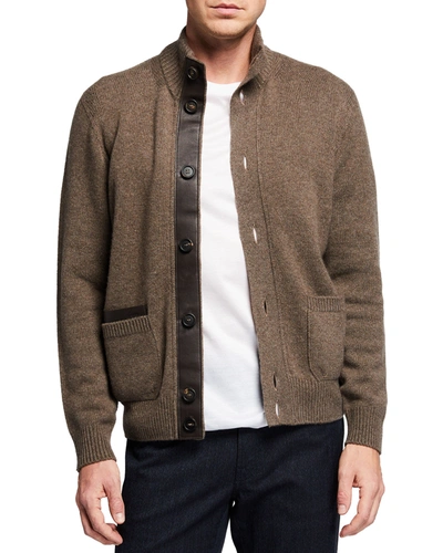 Brioni Men's Cashmere Cardigan Sweater W/ Leather In Brown
